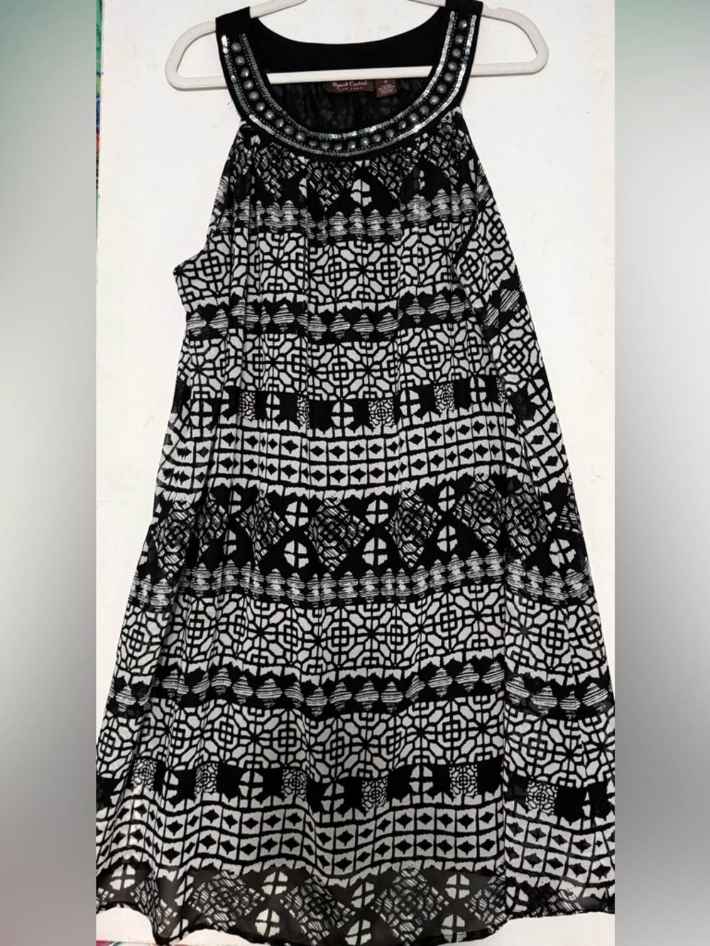 Black & White Geometric Maxi Skirt with Beaded Neckline